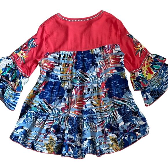 John Mark Floral Embroidered Split Neck Ruffled 3/4 Sleeve Tunic Red Size Small - Picture 5 of 10
